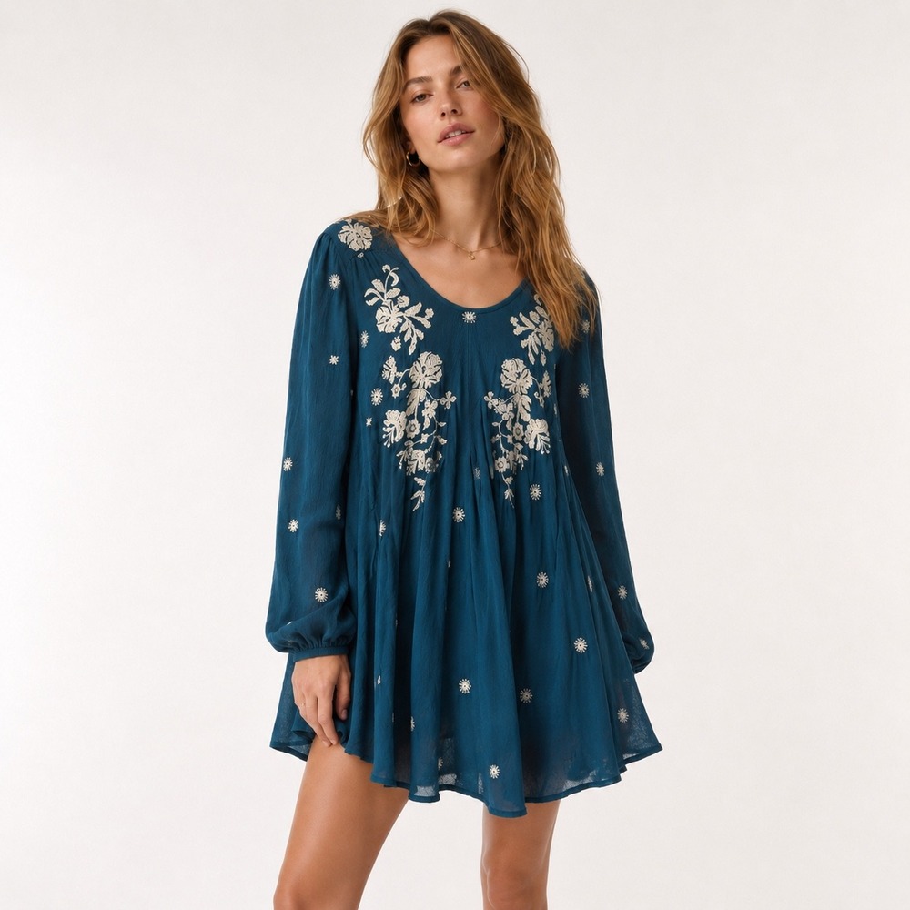 Free People Embroidered Mini Dress Womens XS Teal Blue Boho Cottagecore Babydoll